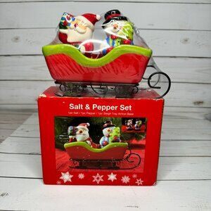 Santa & Snowman Salt & Pepper Shaker Set In Sleigh Christmas Decor NOS Sealed